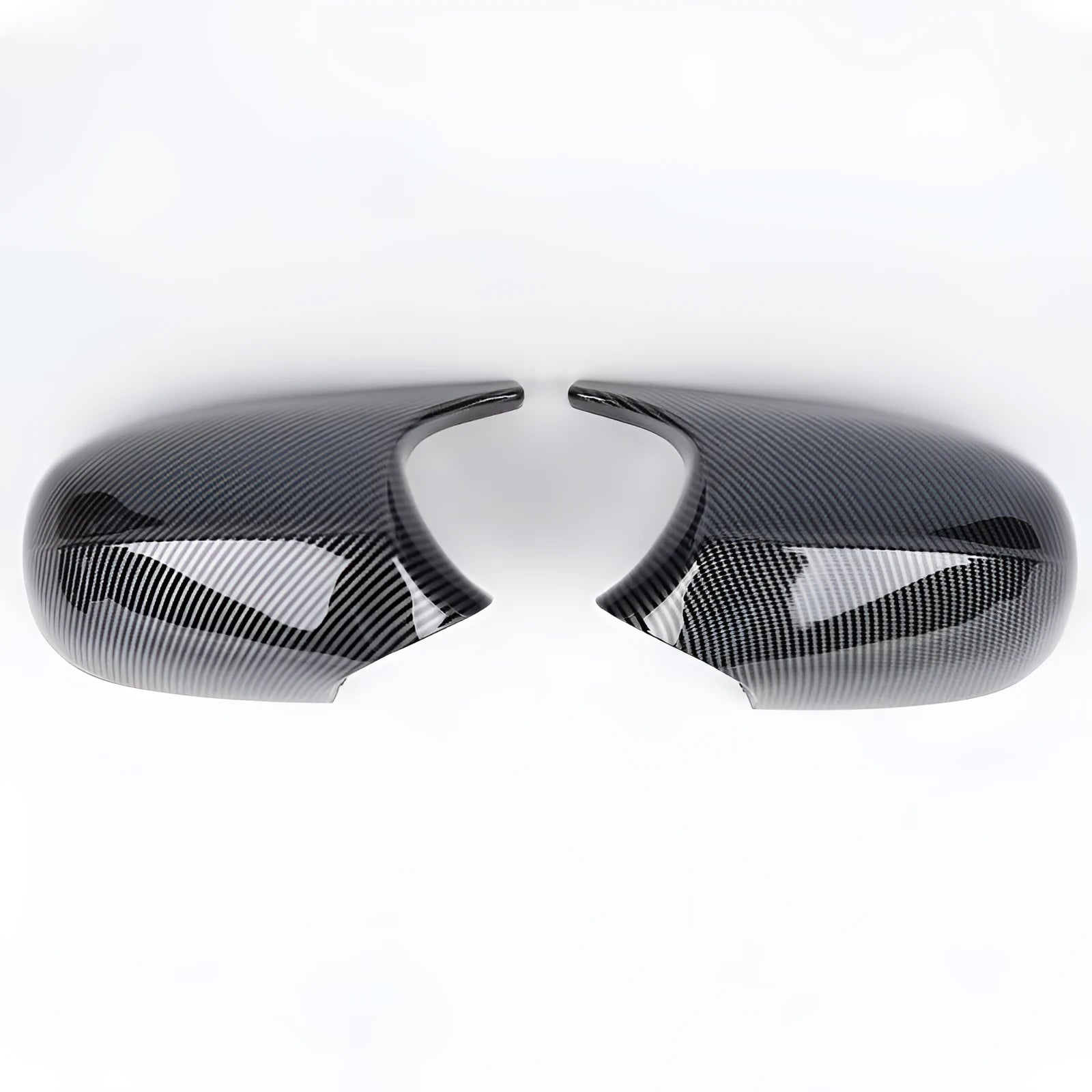 BMW 3 Series E90 rearview mirror replacement shell pair in black and carbon pattern finishes