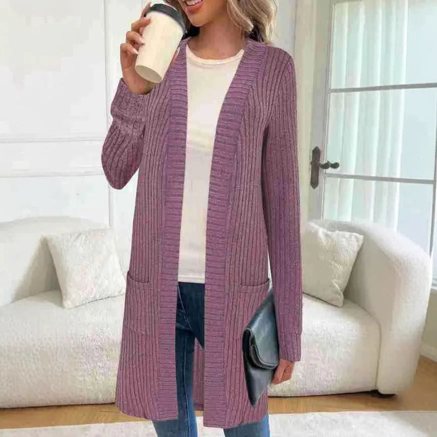 Loose knitted cardigan jacket in black wine red or gray with long sleeves and pockets