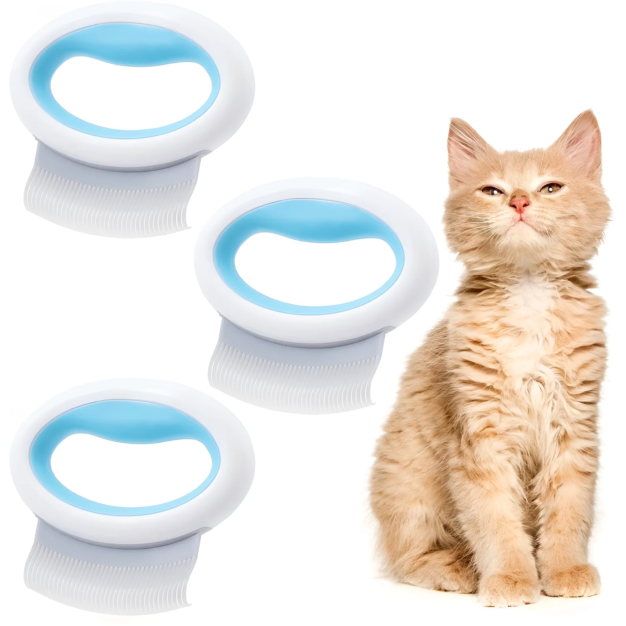 Blue pet deshedding comb with soft teeth and ergonomic plastic handle for grooming cats and dogs.