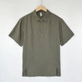 Men's loose-fit linen summer top with thin lapel collar and short sleeves.