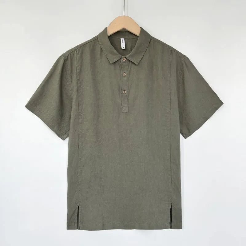 Men's loose-fit linen summer top with thin lapel collar and short sleeves.
