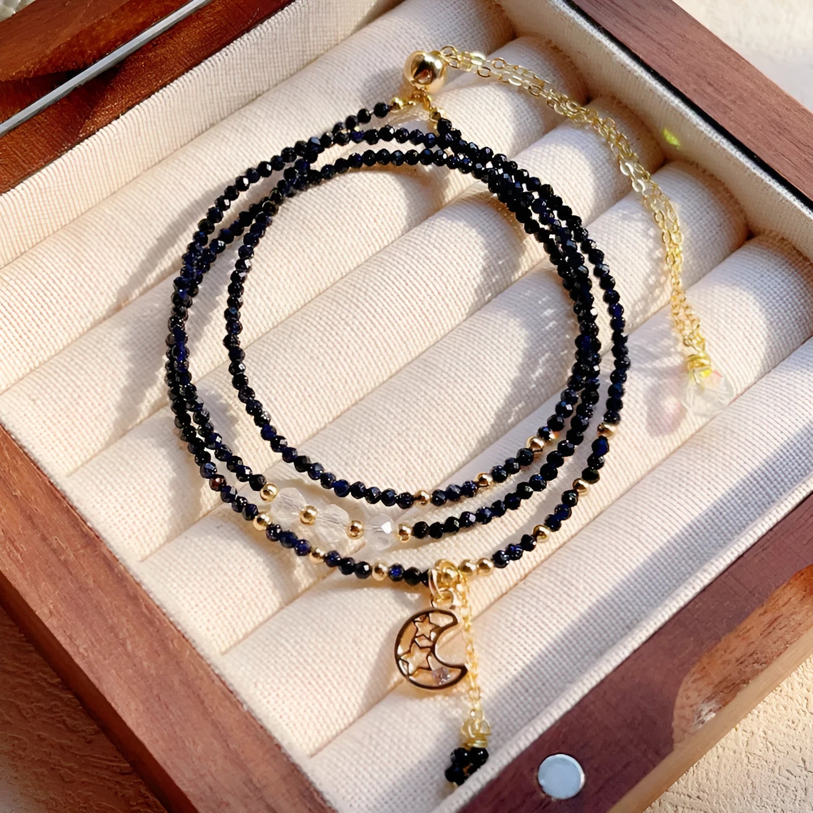 Blue sand stone three-ring bracelet for women with handmade multi-layer design