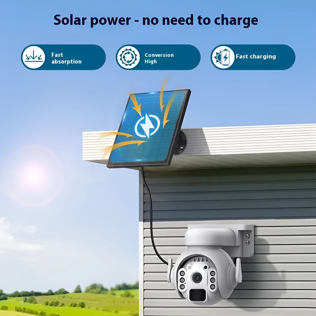Solar-powered security camera with full colour night vision in camouflage finish