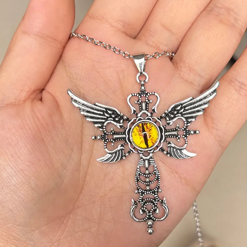 Devil wings and cross alloy pendant necklace on a chain, shown in multiple colour options.