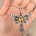 Devil wings and cross alloy pendant necklace on a chain, shown in multiple colour options.