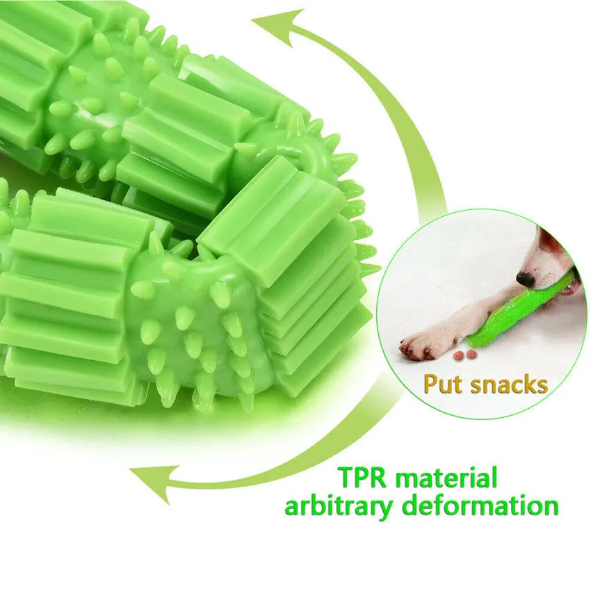 Green durable rubber dog chew toy with textured ridges and a hollow treat-dispensing centre.