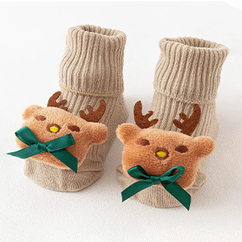 Cotton baby floor socks with anti-slip soles in animal designs for infants and toddlers