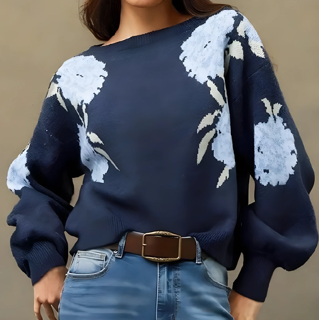 Sapphire blue women's loose pullover with woven floral jacquard pattern and off-neck design.