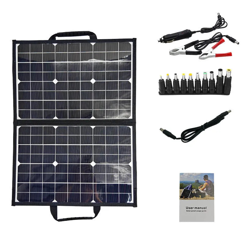 Black 40W single crystal solar folding bag panel measuring 425x285x8mm for outdoor camping and emergency charging