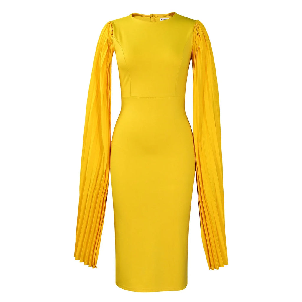 Yellow long sleeve evening gown with high waist and pleated shawl detail on a mannequin.