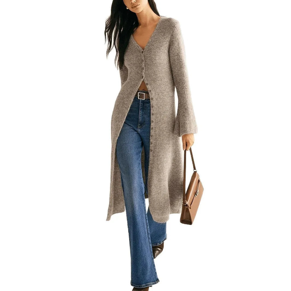 Khaki French style retro cardigan coat with long sleeves and button front closure