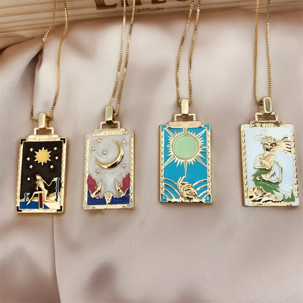 Copper plated retro oil painting pendant necklace with zircon, 5.3cm x 2.6cm pendant, 45+5cm chain, gold tone finish