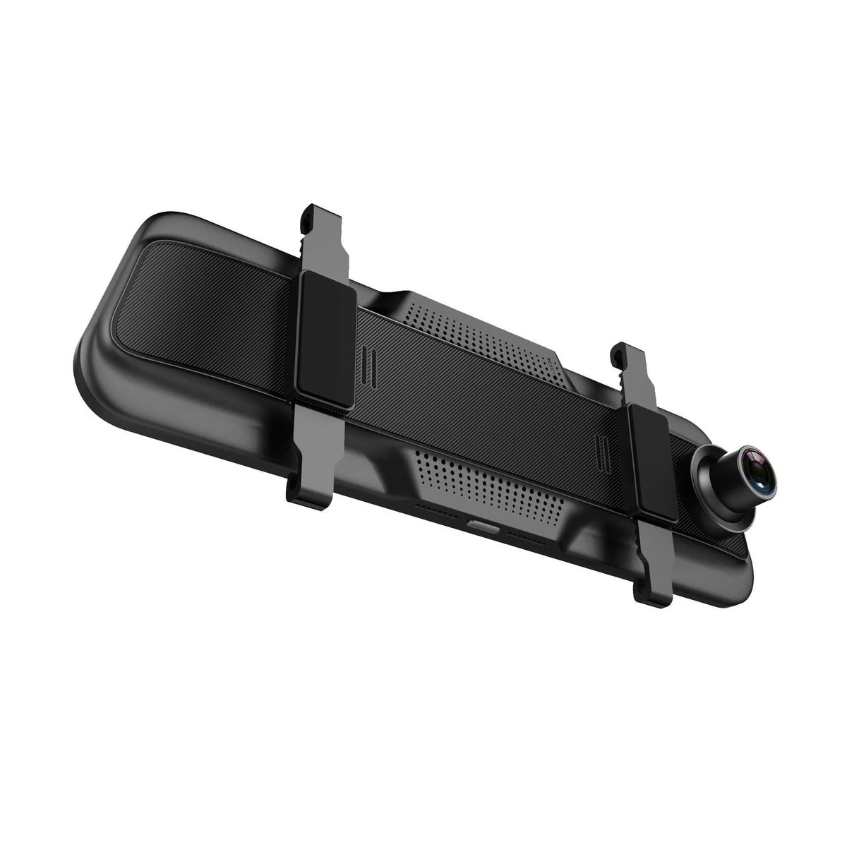 Black rearview mirror dash cam with 10-inch touch display showing road recording