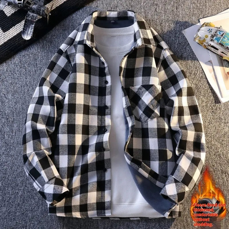 Men's turn-down collar long sleeve flannel shirt in yellow plaid with fleece lining