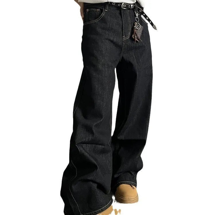 Black retro loose wide-leg jeans with straight-leg design on mannequin