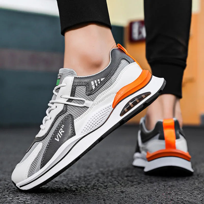 Men's gray and black breathable mesh casual running shoes with a round toe and EVA sole.