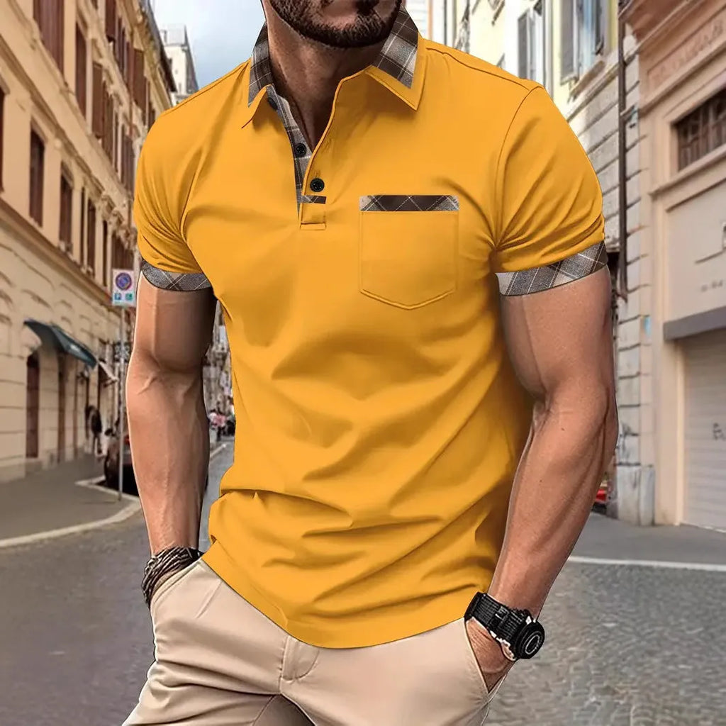 Men's plaid colourblock short sleeve T-shirt on hanger showing loose fit design