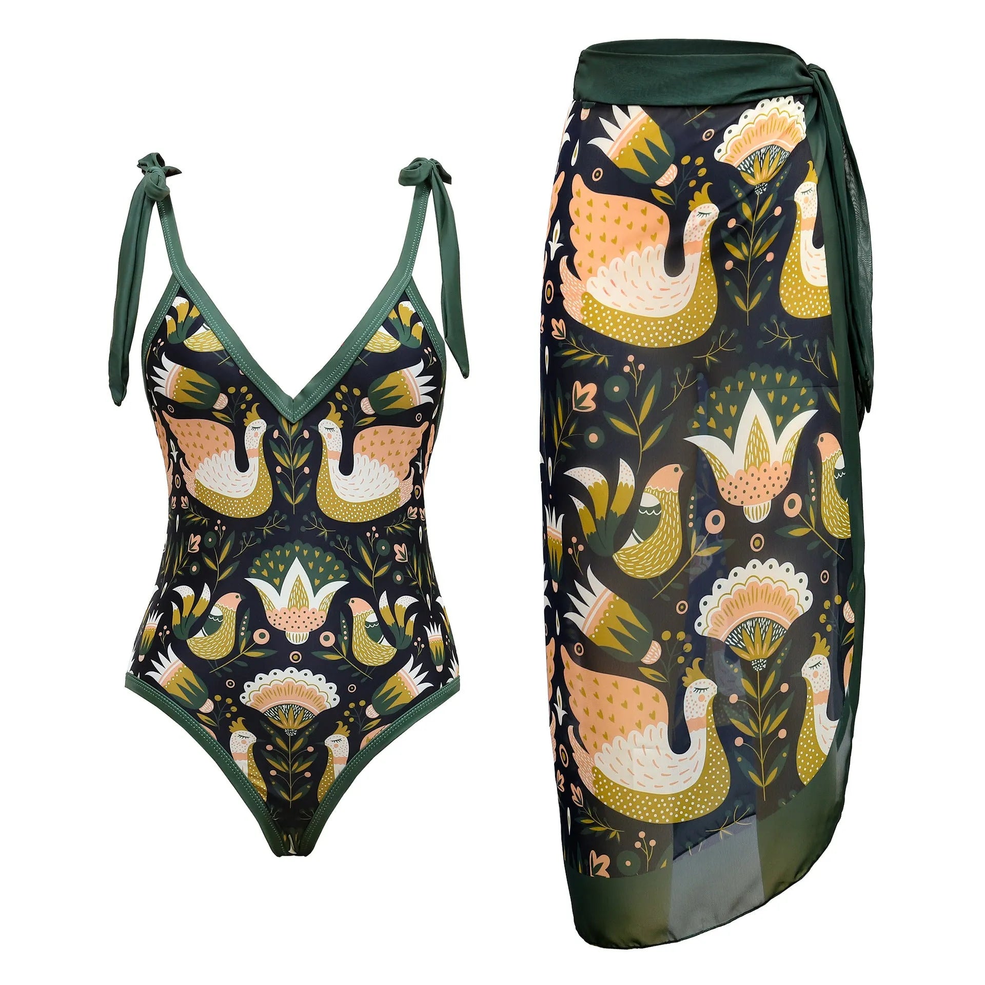 Women's solid colour one-piece swimsuit with spaghetti straps and a matching removable skirt.