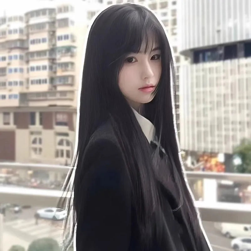 A long straight black synthetic wig with bangs, shown in brown black and cold brown colour options.
