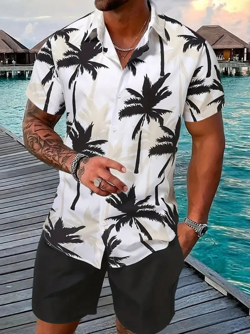 Men's Hawaii print short sleeve top and matching shorts leisure suit set on a hanger