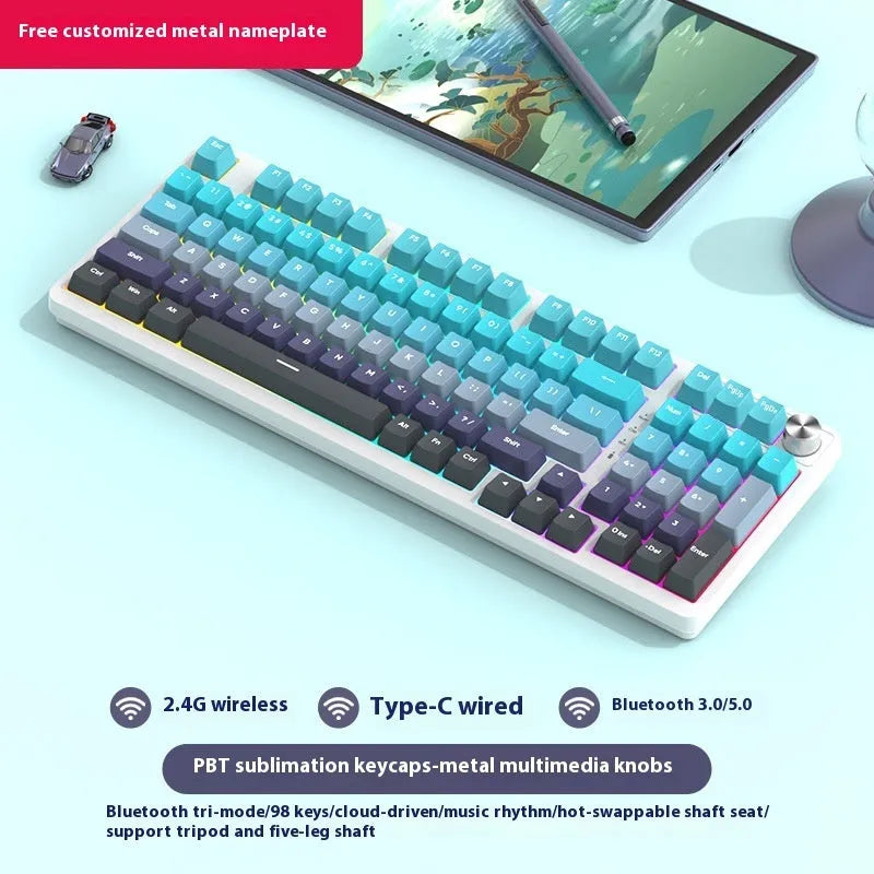 98-key wireless Bluetooth mechanical keyboard kit with metal control knob and multiple colour options