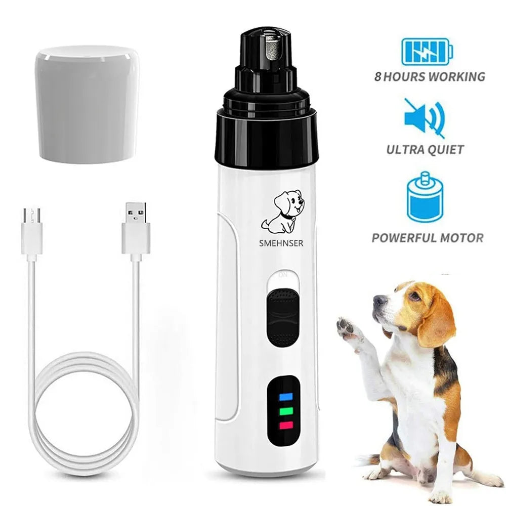 Electric dog nail grinder with LED indicators showing 3-speed settings and dust collection port