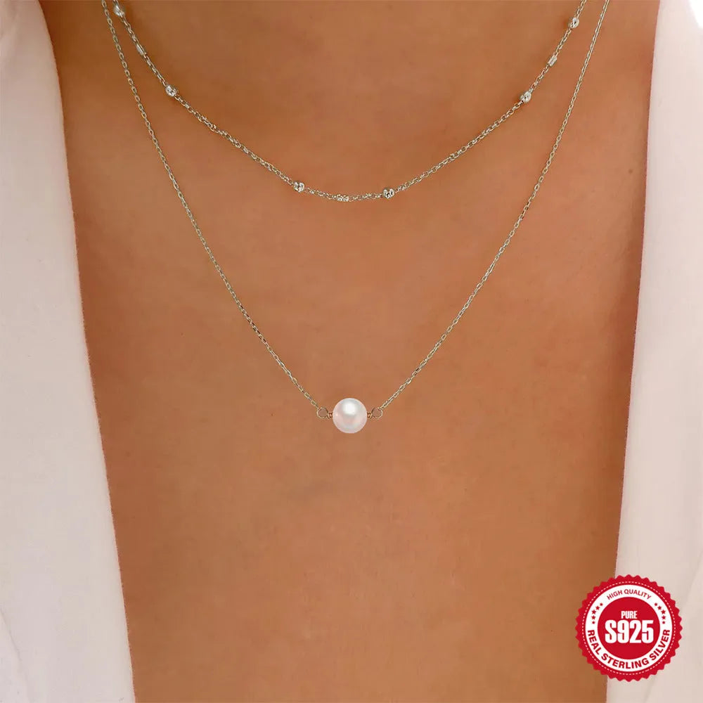 S925 sterling silver double-layer necklace for women with twin pearls on a ball bead chain in gold colour.