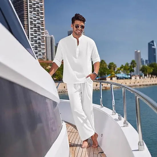 Men's cotton casual suit set in solid colour with long sleeves and trousers for spring and autumn leisure wear