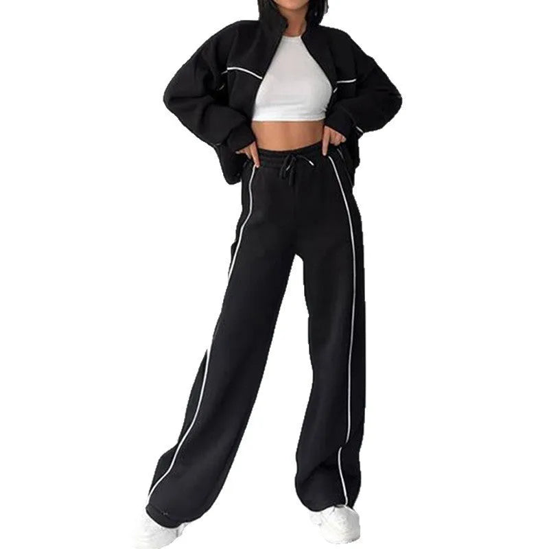 Women's casual two-piece suit with zippered hoodie and striped trousers in apricot colour