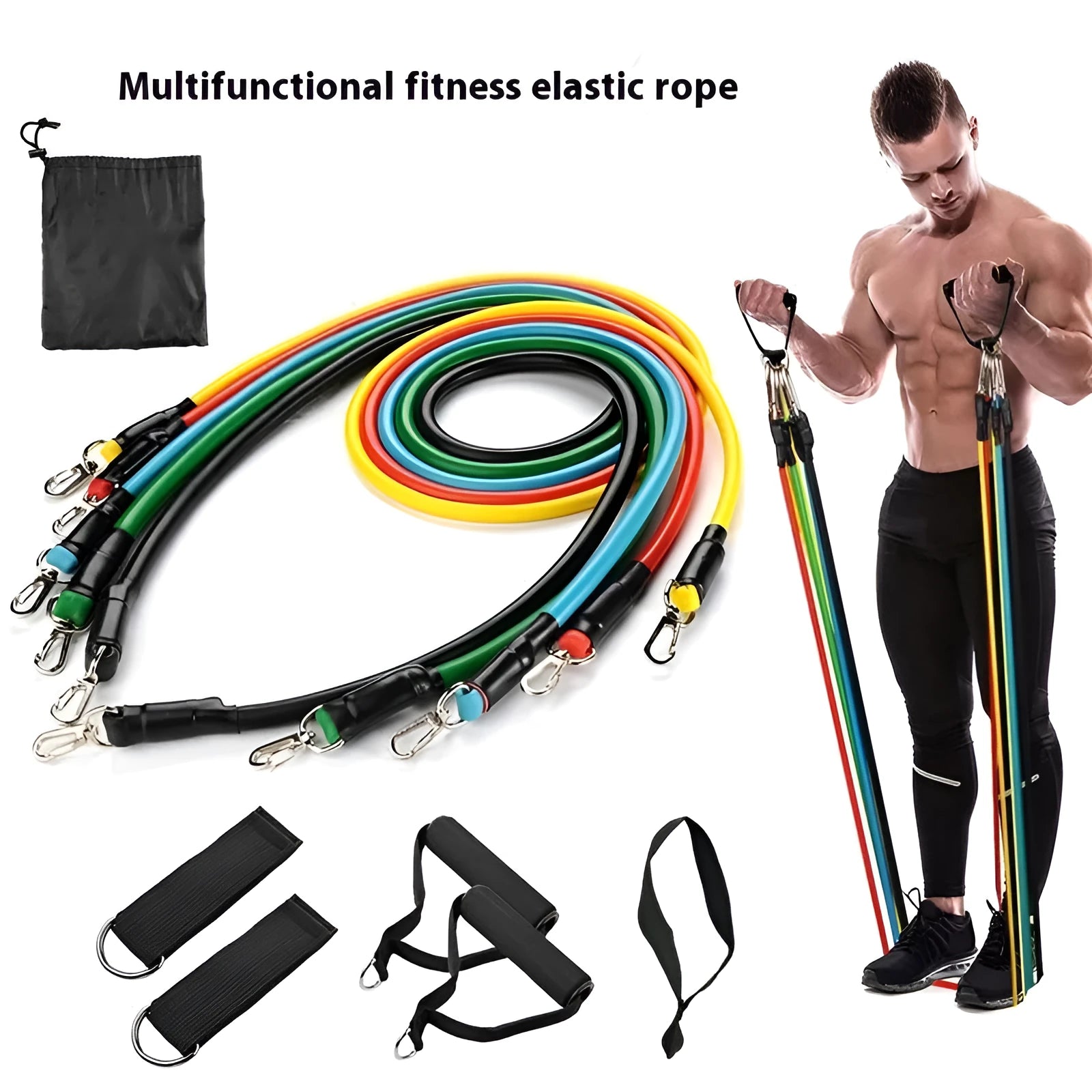 Multi-functional door sports 11-piece set with ABS pulling rope, shown with big hook and small hook options.