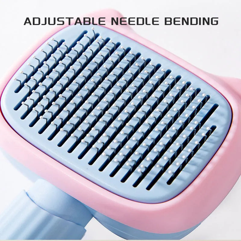Blue and green double-sided pet deshedding brush with rake and comb, showing dimensions.