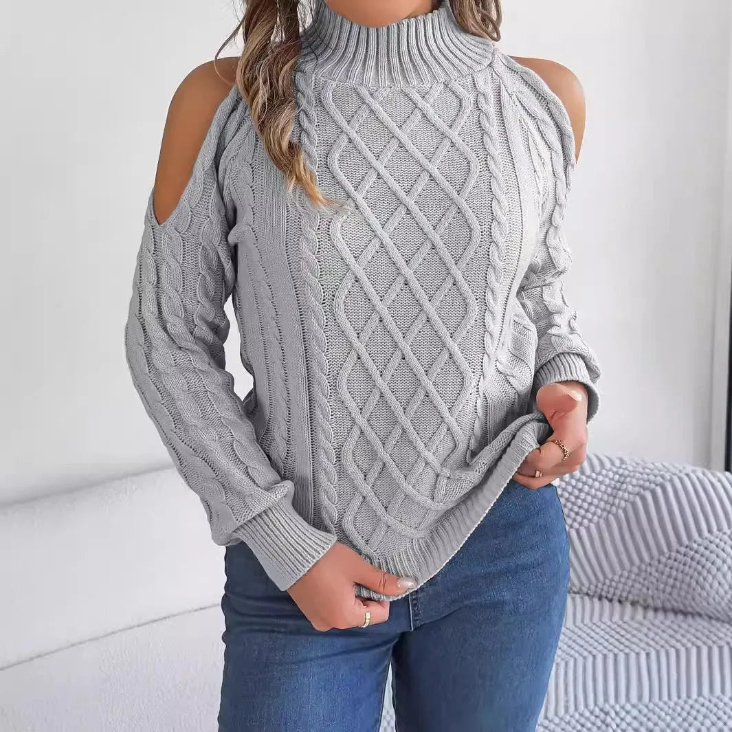 Gray women's strapless sweater with twist detail, half-high collar, and long lantern sleeves on a hanger.