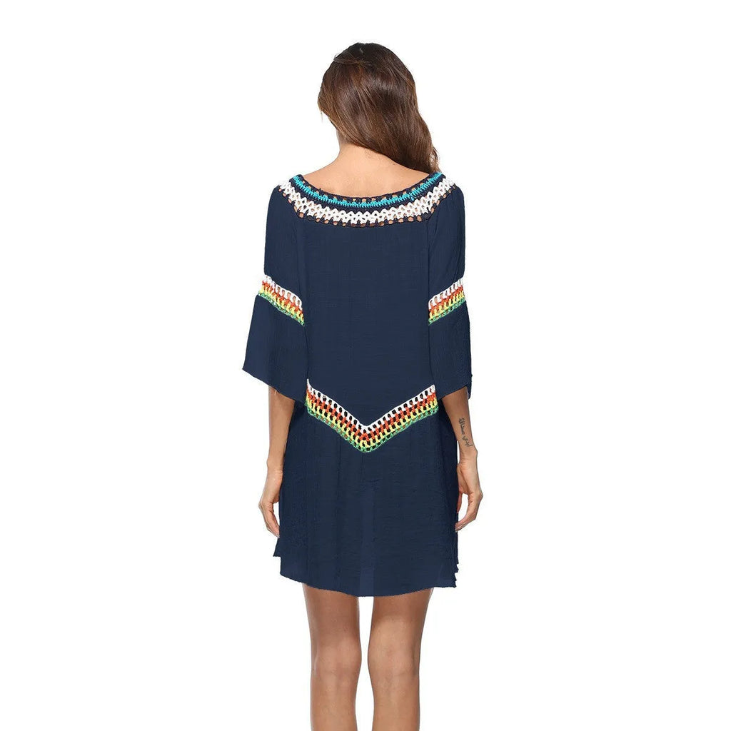 Crocheted ethnic style beach sun protection cover-up for women in acrylic fabric