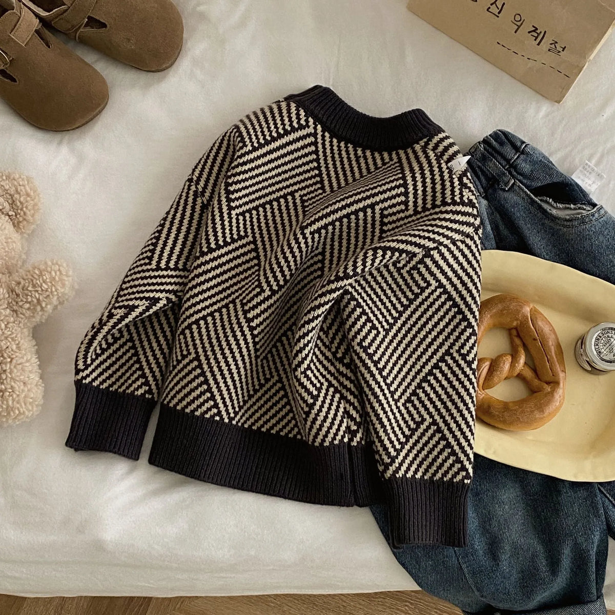 Dark gray striped children's pullover sweater in acrylic knit, sizes 90cm to 140cm