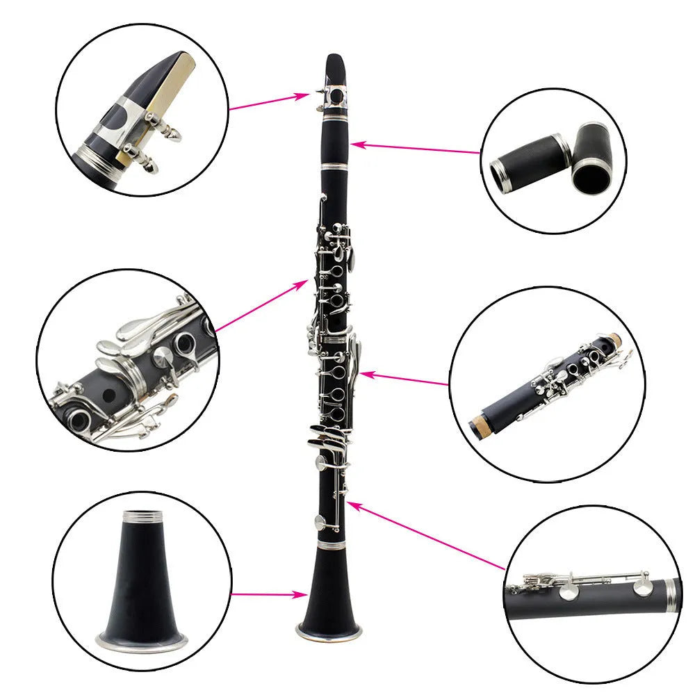 Black bakelite beginner clarinet with 17 nickel keys and a carrying bag.