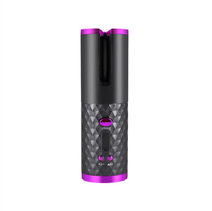 White portable mini curling iron with USB charging cable and gold ceramic barrel.