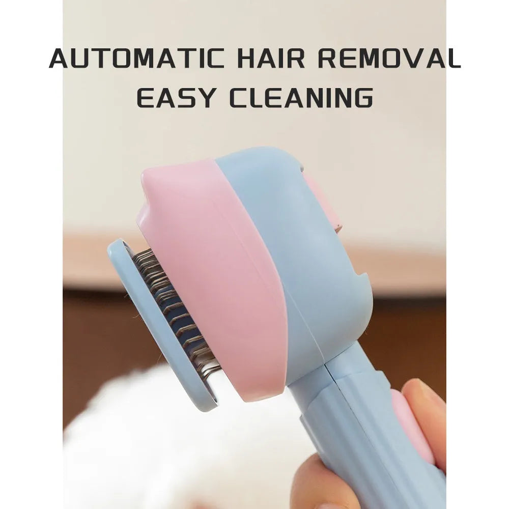 Blue and green double-sided pet deshedding brush with rake and comb, showing dimensions.
