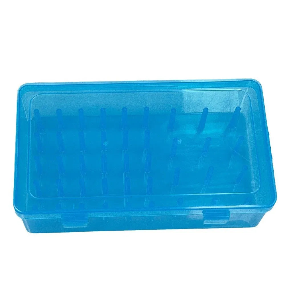 42 compartment transparent plastic storage box for embroidery threads and sewing kit organisation.