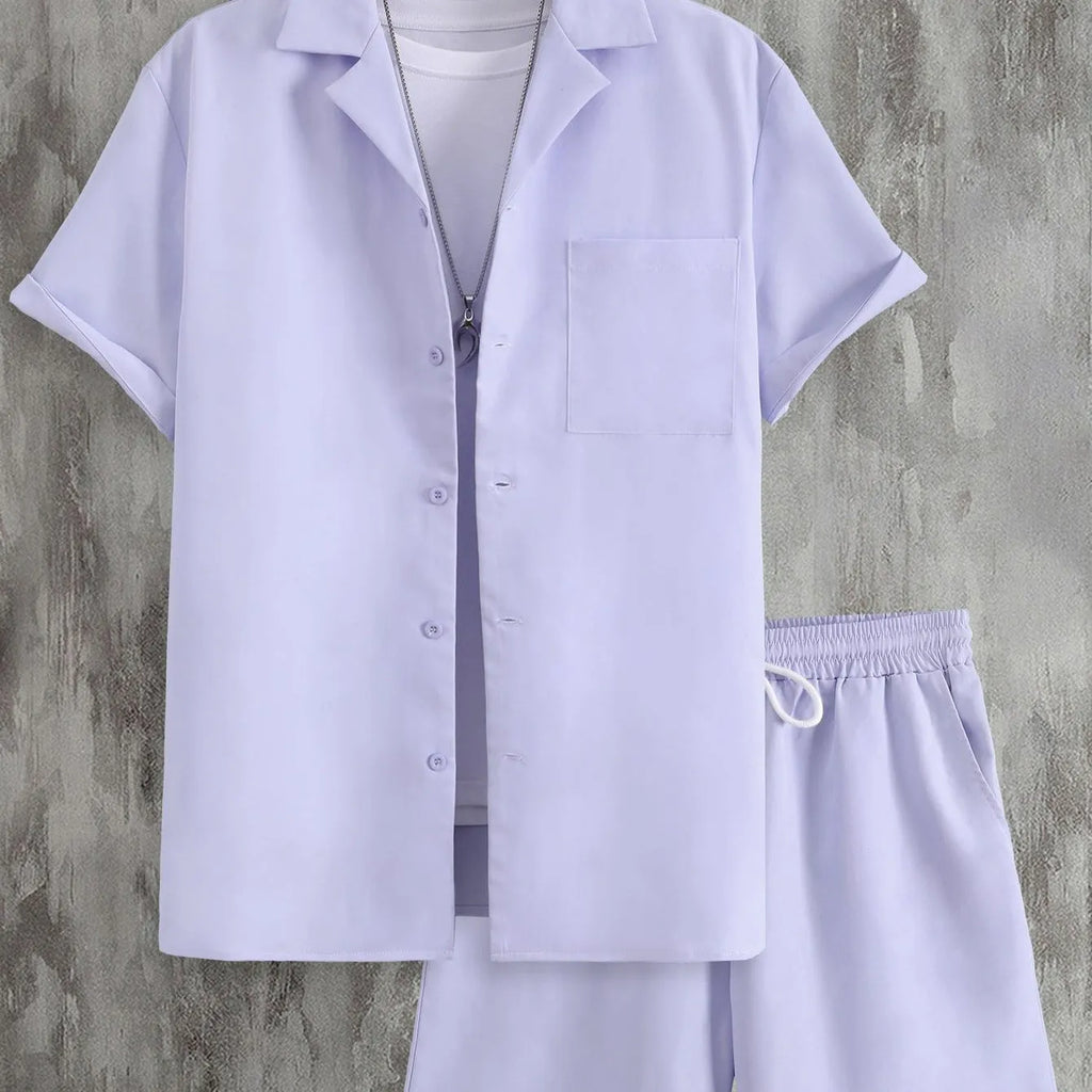 Men's short sleeve Cuban collar sport shirt and matching shorts in lightweight polyester fabric
