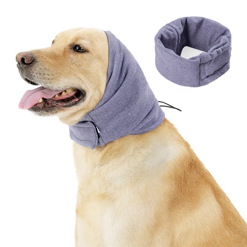 Dog wearing noise reduction hoodie with ear covers in black colour