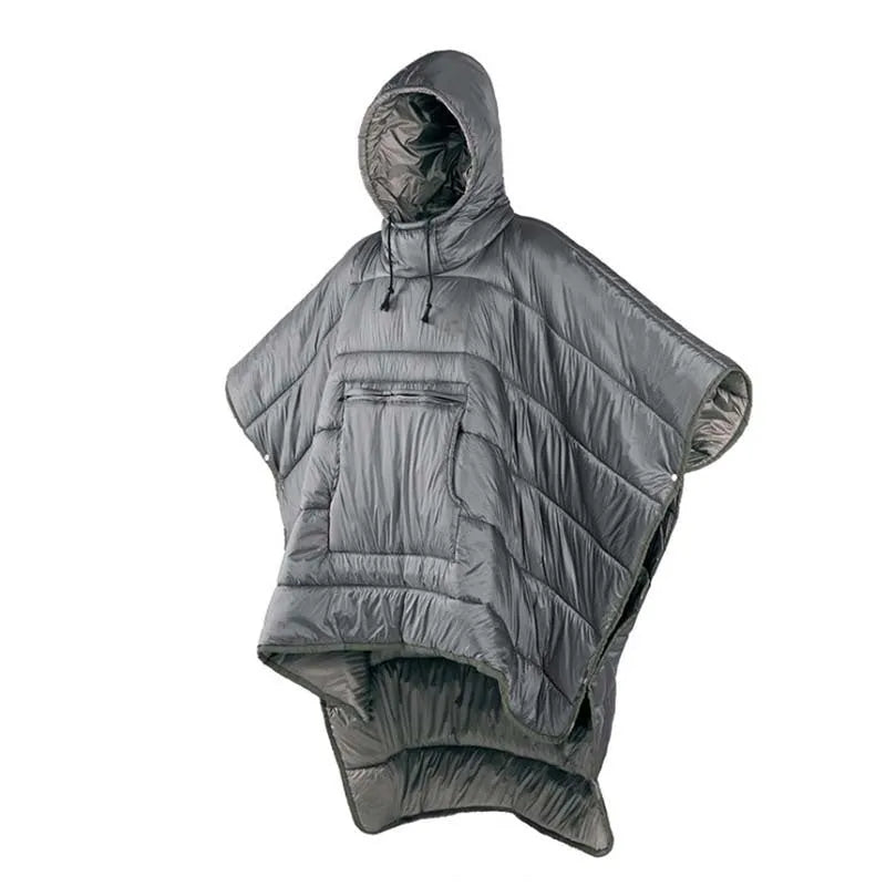 Grey adult wearable outdoor cloak sleeping bag laid flat showing 200cm length