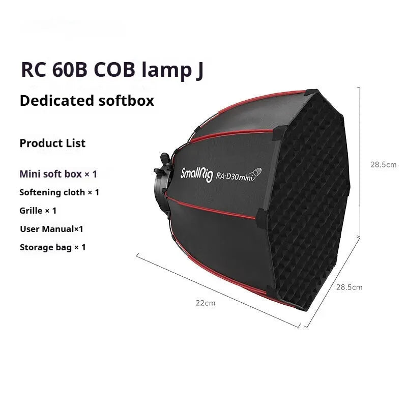 RC60B 60W dual colour temperature fill light with softbox, handle, support column, charger, and 2m light holder