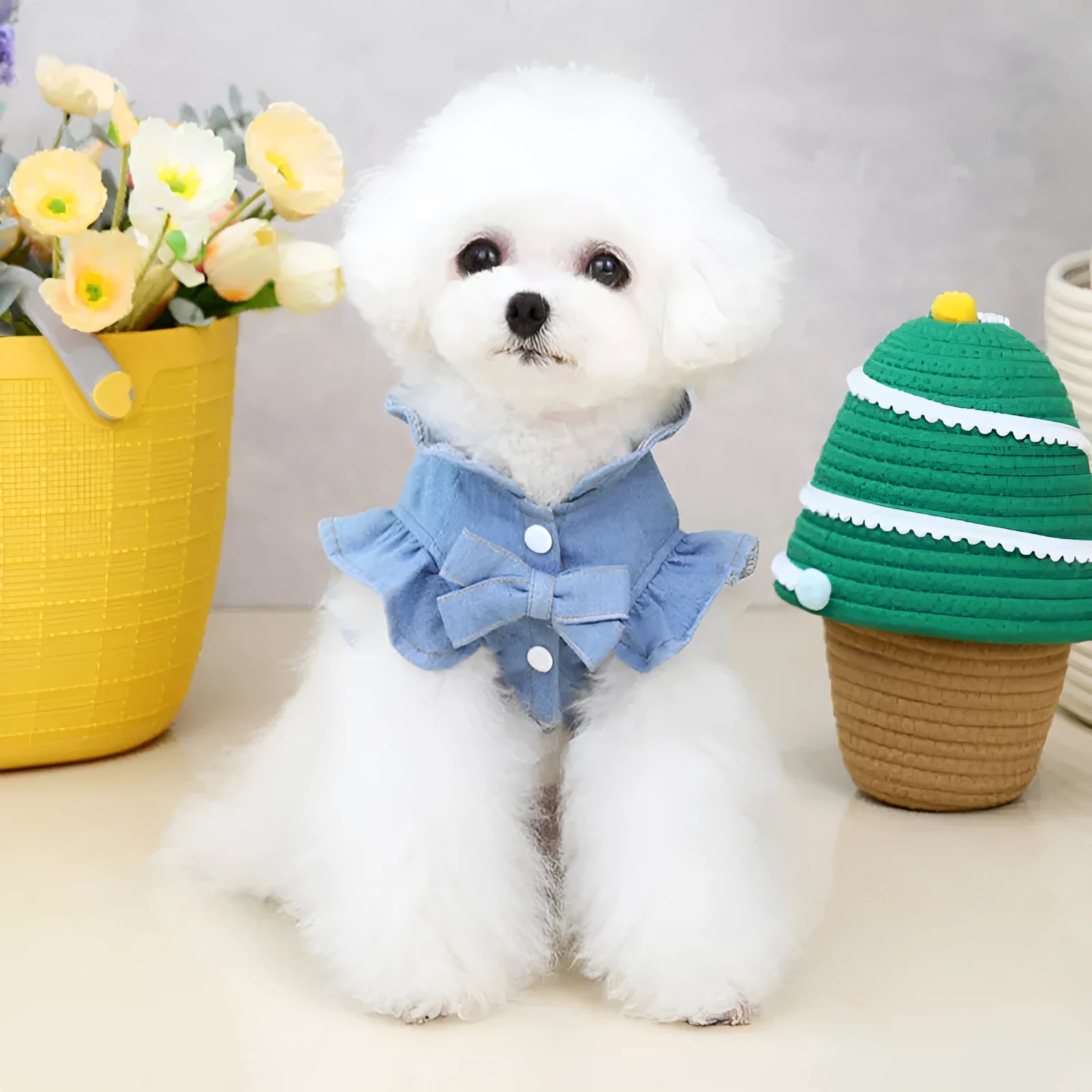 Denim dog dress with ruffle vest and leash hook points on chest and back in dark blue