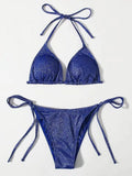 Women's bandage style bikini swimsuit in multiple colours with size chart.