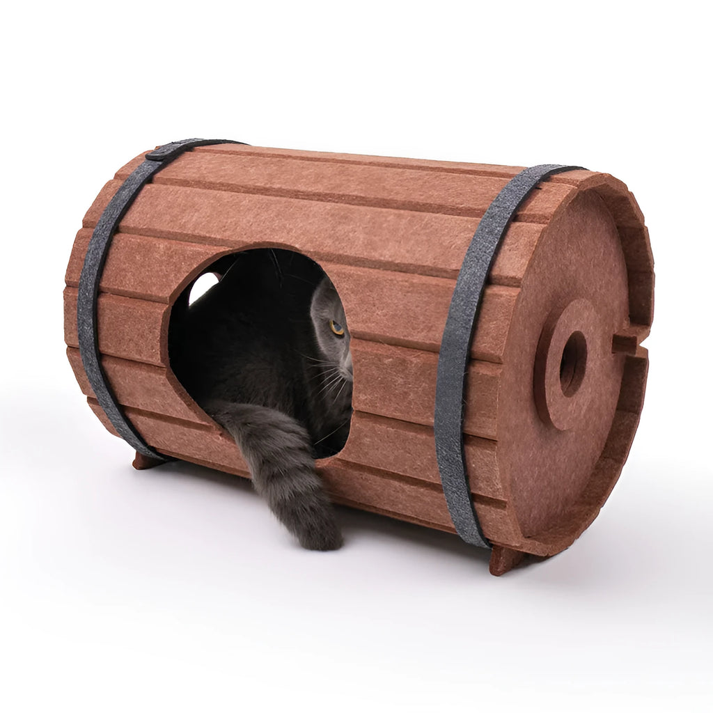 Assembled wine barrel shaped pet bed made from polyester fibre felt for cats