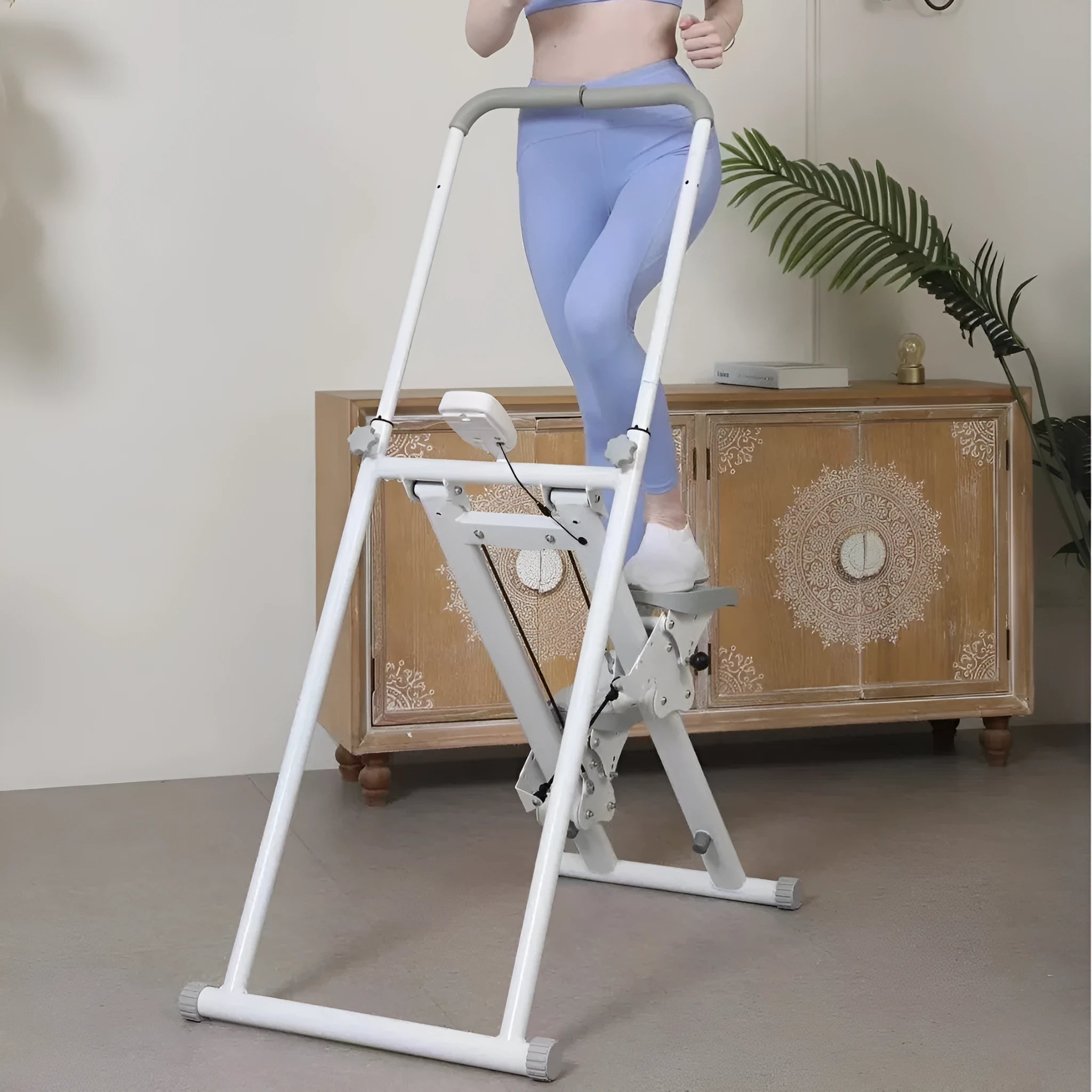 White foldable multi-function treadmill with integrated climbing frame and climbing machine for home fitness