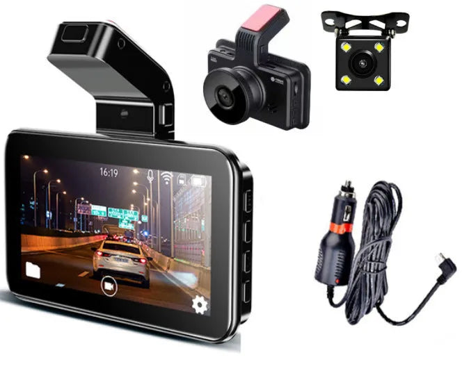 3-inch HD car dashboard camera DVR unit with separate rear camera and step-down cable for installation.