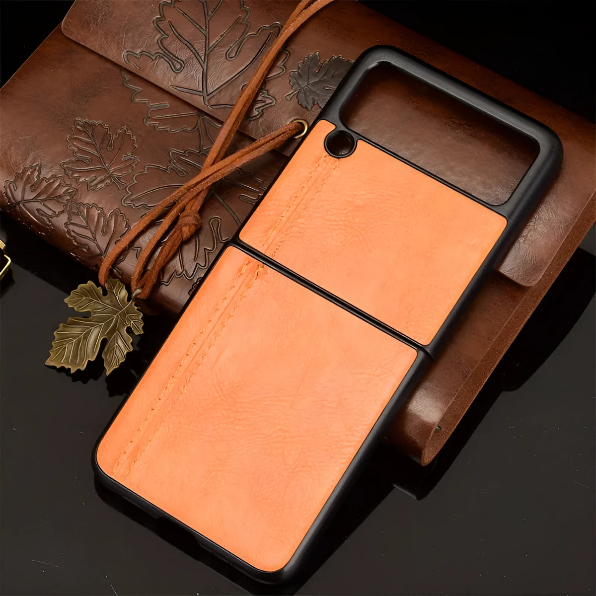 Cow pattern car thread PC leather phone case for Samsung Galaxy Z Flip 3 and Z Flip 4 in black, blue, wine red or yellow.