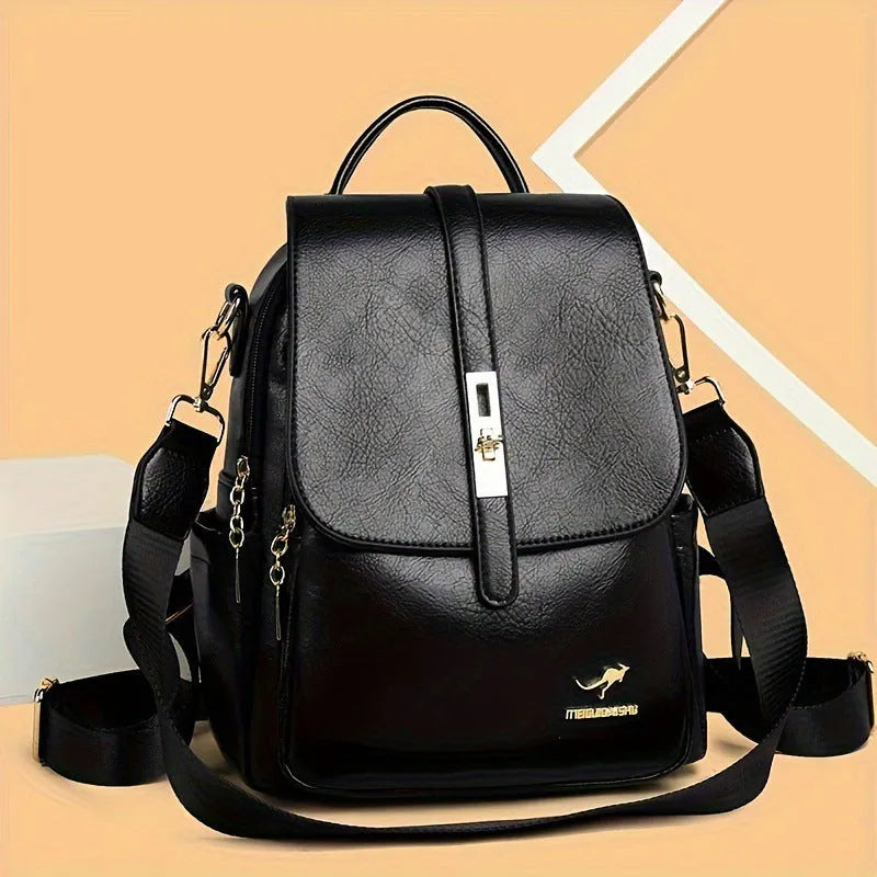 Ladies PU backpack in black or dark brown with large capacity, sandwich pocket, and commuter design