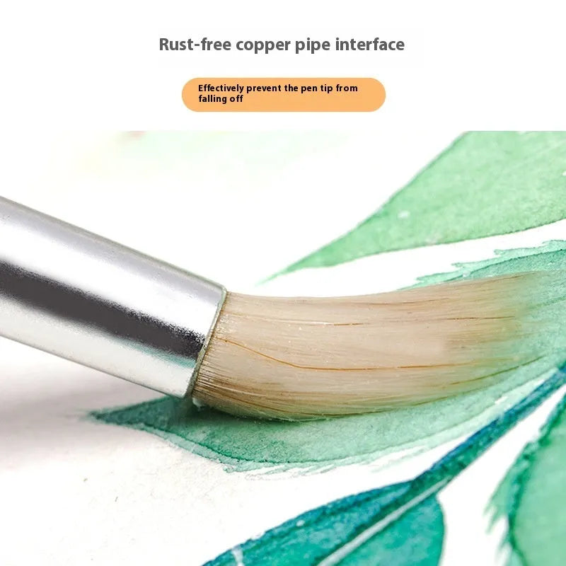 Set of six wooden-handled artistic pen brushes with pointed wool bristles for calligraphy and detailed painting.